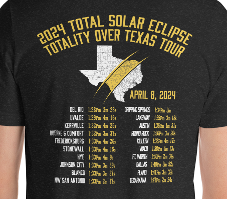 Back of The Ultimate Show Tshirt for Texas.  April 8, 2024 eclipse.